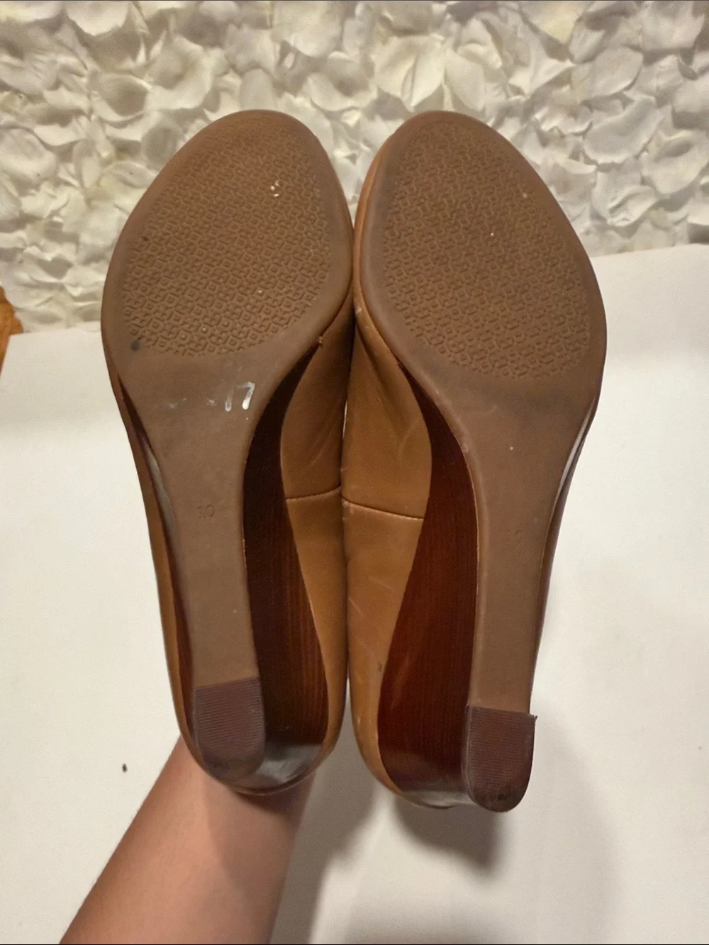 Tory Burch Tan Leather Peep-Toe Flats with Gold Logo